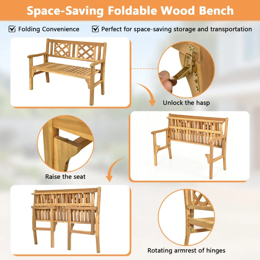 Patio Foldable Bench with Curved Backrest and Armrest - Natural - Outdoor Benches