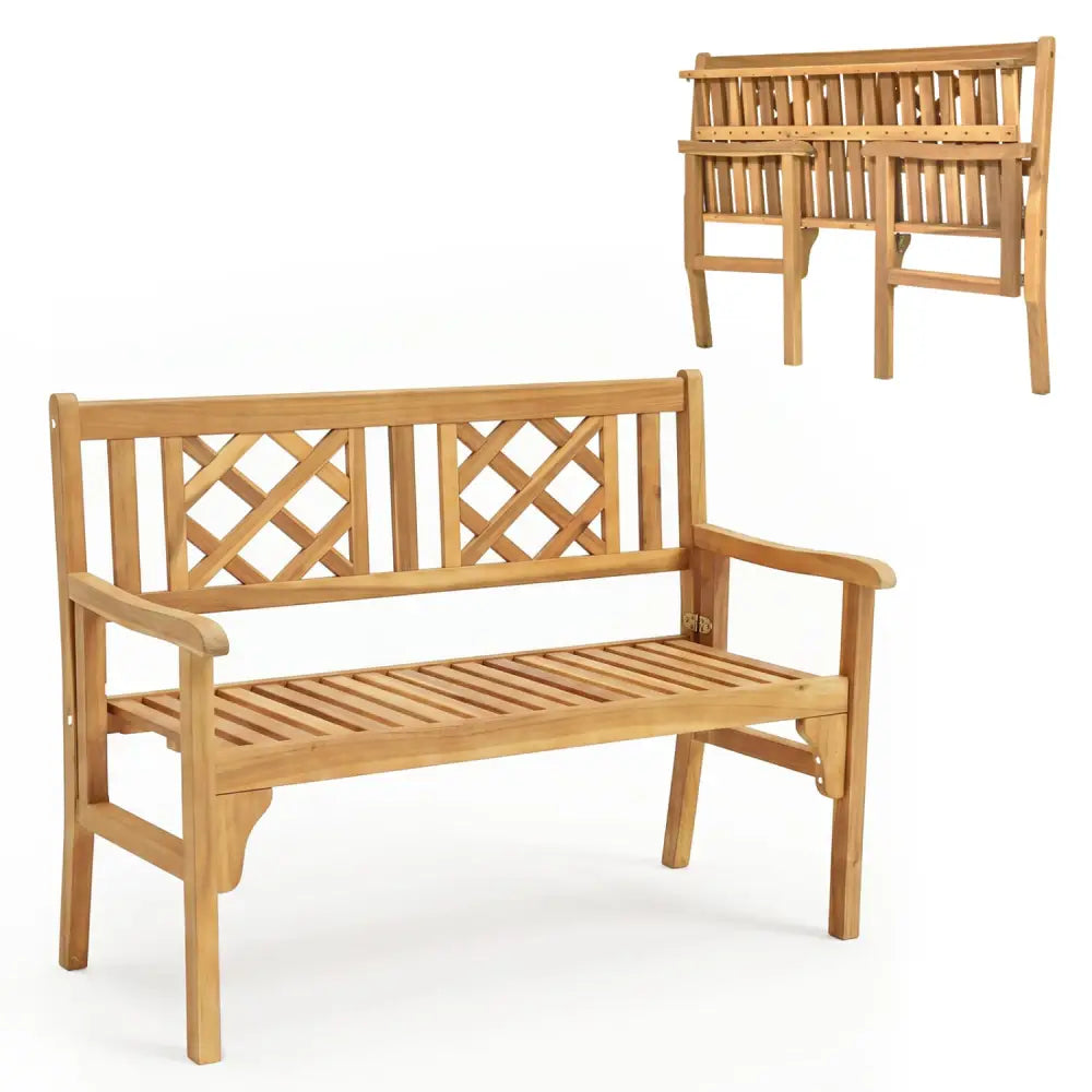 Patio Foldable Bench with Curved Backrest and Armrest - Natural - Outdoor Benches