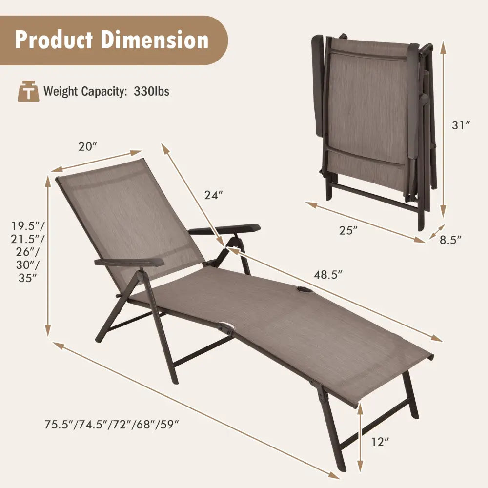 Patio Foldable Chaise Lounge Chair with Backrest and Footrest-Brown - Brown - Outdoor Seating & Patio Chairs