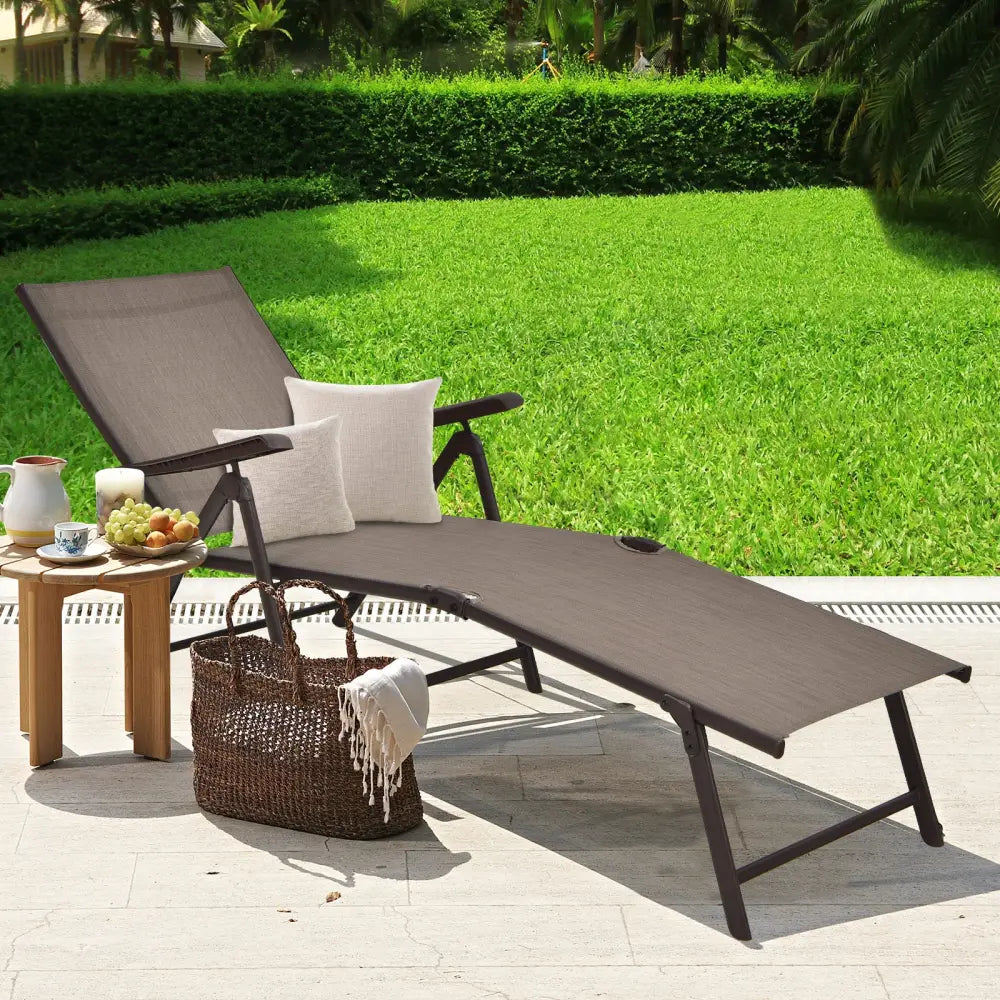 Patio Foldable Chaise Lounge Chair with Backrest and Footrest-Brown - Brown - Outdoor Seating & Patio Chairs