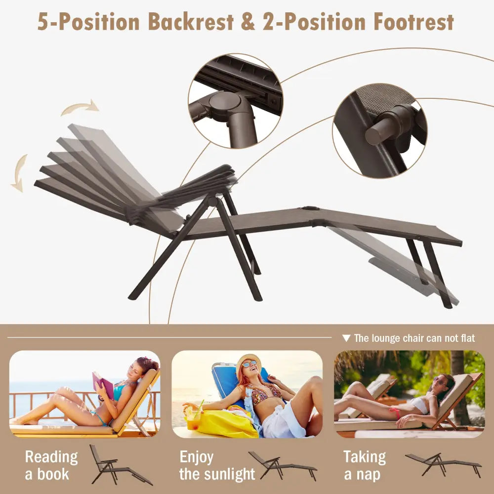 Patio Foldable Chaise Lounge Chair with Backrest and Footrest-Brown - Brown - Outdoor Seating & Patio Chairs