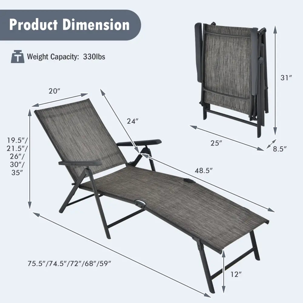 Patio Foldable Chaise Lounge Chair with Backrest and Footrest-Gray - Gray - Outdoor Seating & Patio Chairs