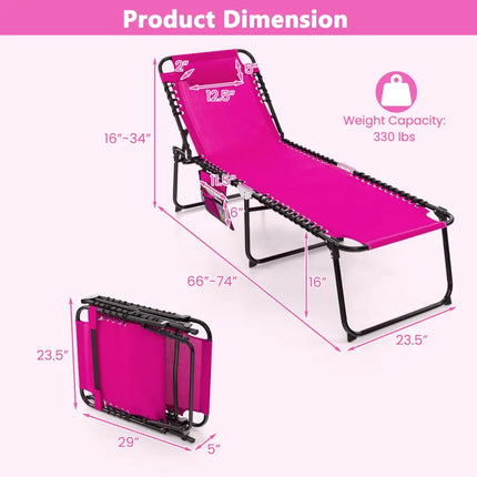 Patio Foldable Recline Lounge Chair with Adjustable Backrest and Footrest-Pink - Pink - Outdoor Chaise Lounges