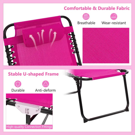 Patio Foldable Recline Lounge Chair with Adjustable Backrest and Footrest-Pink - Pink - Outdoor Chaise Lounges