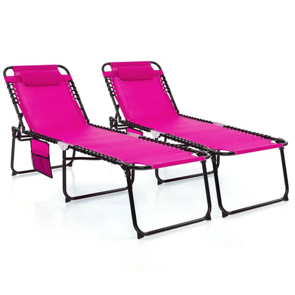 Patio Foldable Recline Lounge Chair with Adjustable Backrest and Footrest-Pink - Pink - Outdoor Chaise Lounges