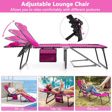 Patio Foldable Recline Lounge Chair with Adjustable Backrest and Footrest-Pink - Pink - Outdoor Chaise Lounges