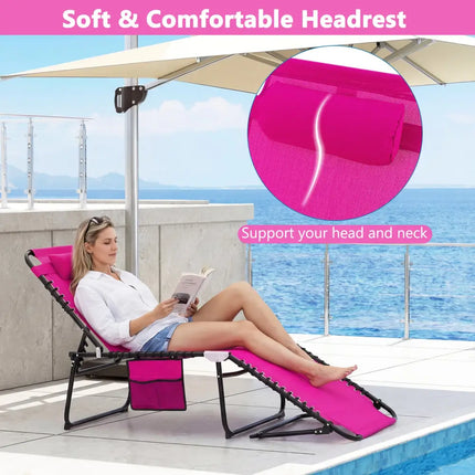 Patio Foldable Recline Lounge Chair with Adjustable Backrest and Footrest-Pink - Pink - Outdoor Chaise Lounges