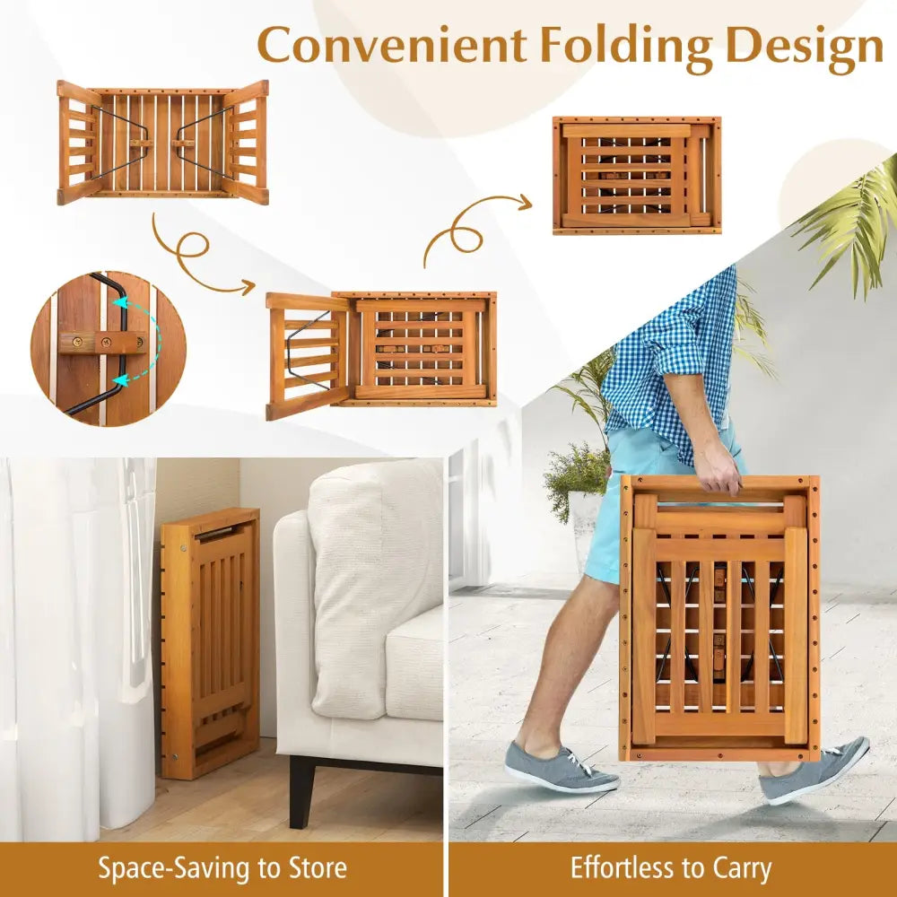 Patio Foldable Side Table with Slatted Tabletop for Backyard - Natural - Patio Coffee Tables