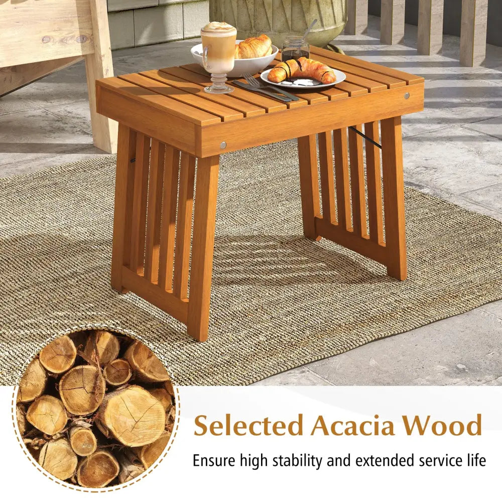 Patio Foldable Side Table with Slatted Tabletop for Backyard - Natural - Patio Coffee Tables