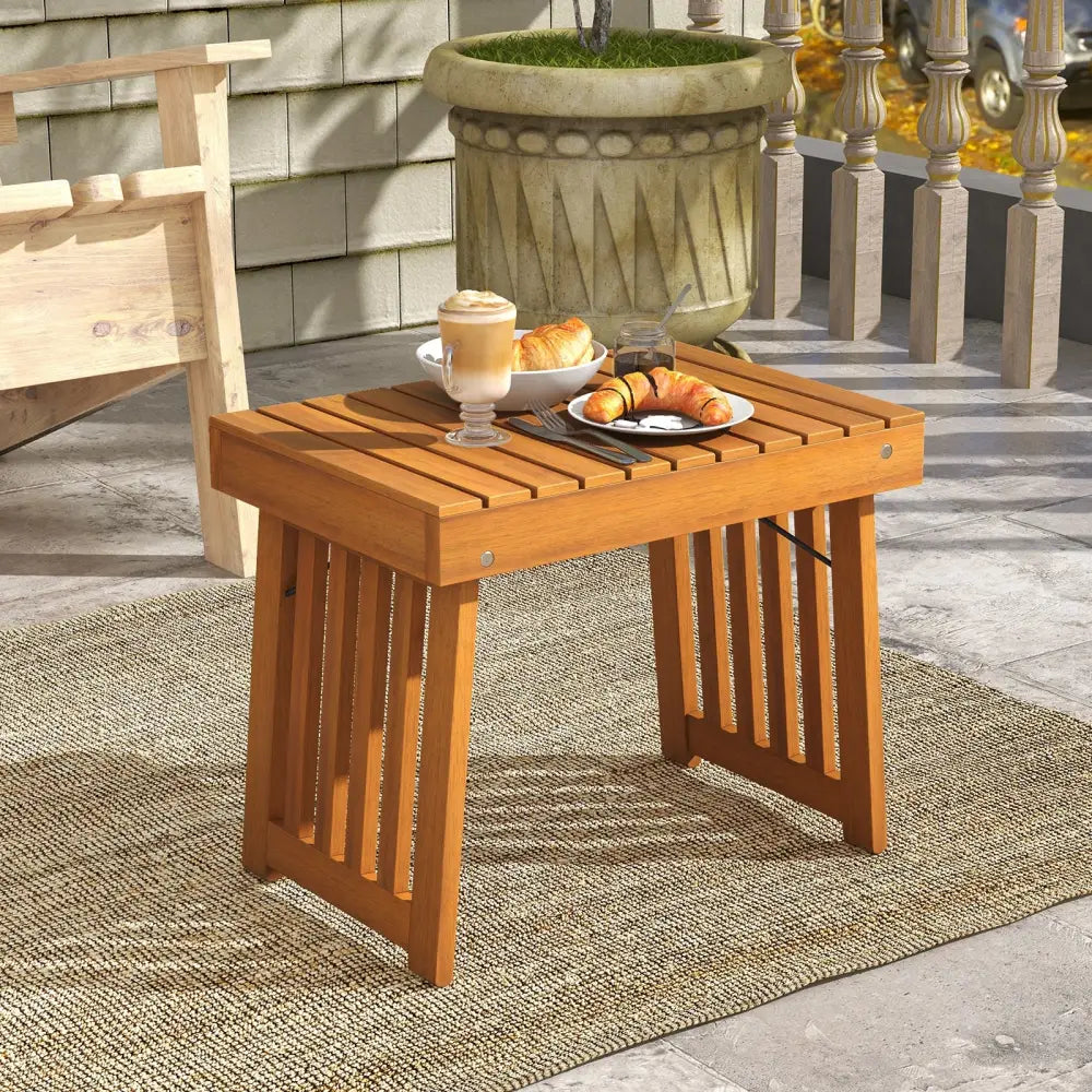 Patio Foldable Side Table with Slatted Tabletop for Backyard - Natural - Patio Coffee Tables