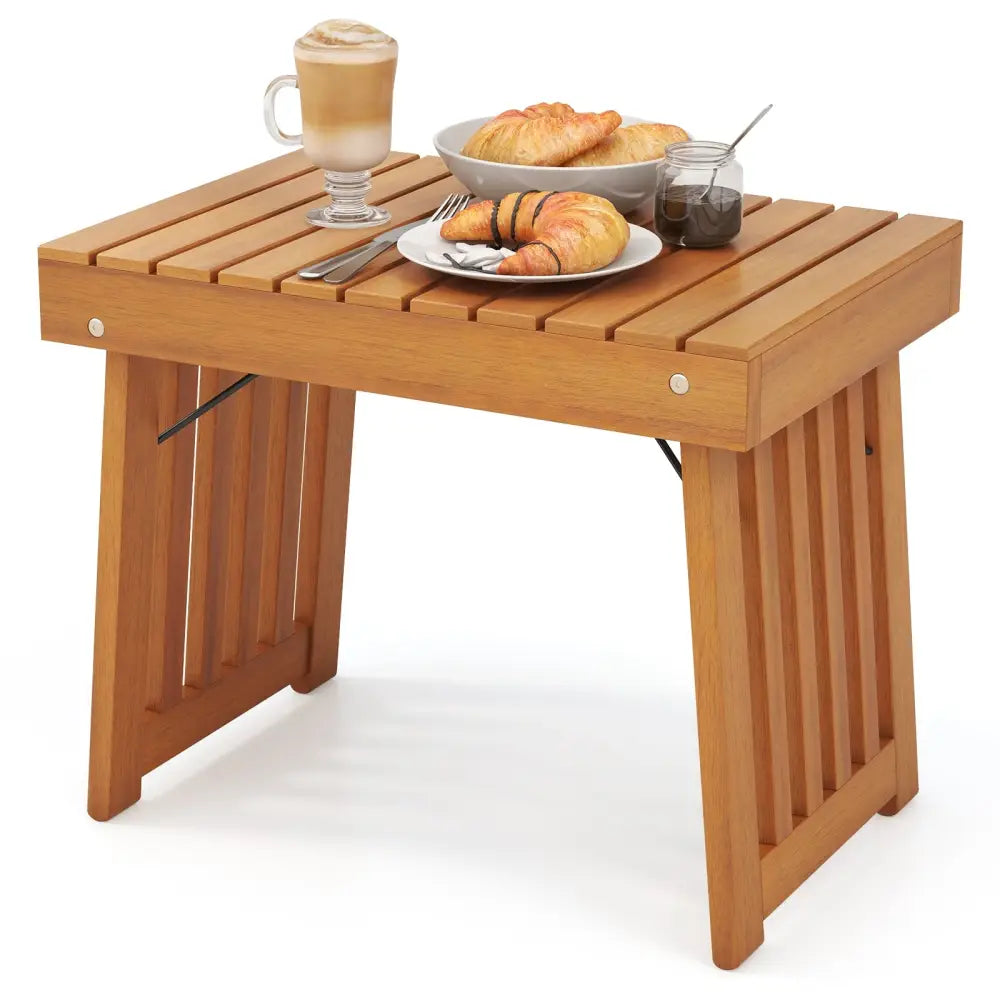 Patio Foldable Side Table with Slatted Tabletop for Backyard - Natural - Patio Coffee Tables