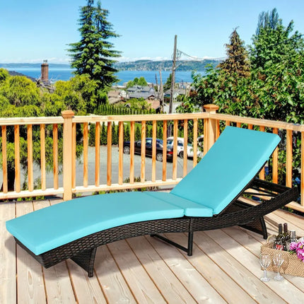 Patio Folding Adjustable Rattan Chaise Lounge Chair with Cushion-Turquoise - Turquoise - Outdoor Chaise Lounges