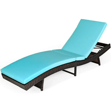 Patio Folding Adjustable Rattan Chaise Lounge Chair with Cushion-Turquoise - Turquoise - Outdoor Chaise Lounges