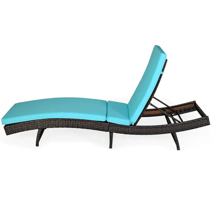 Patio Folding Adjustable Rattan Chaise Lounge Chair with Cushion-Turquoise - Turquoise - Outdoor Chaise Lounges