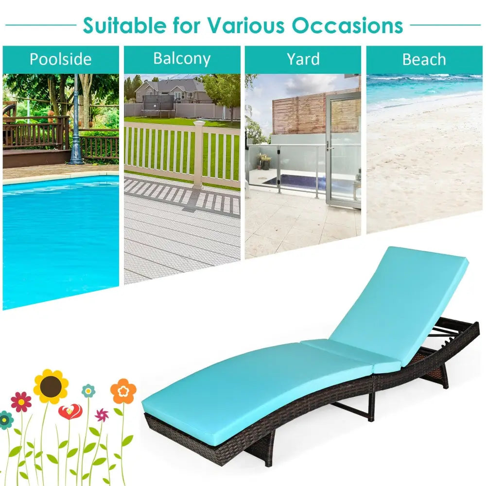 Patio Folding Adjustable Rattan Chaise Lounge Chair with Cushion-Turquoise - Turquoise - Outdoor Chaise Lounges