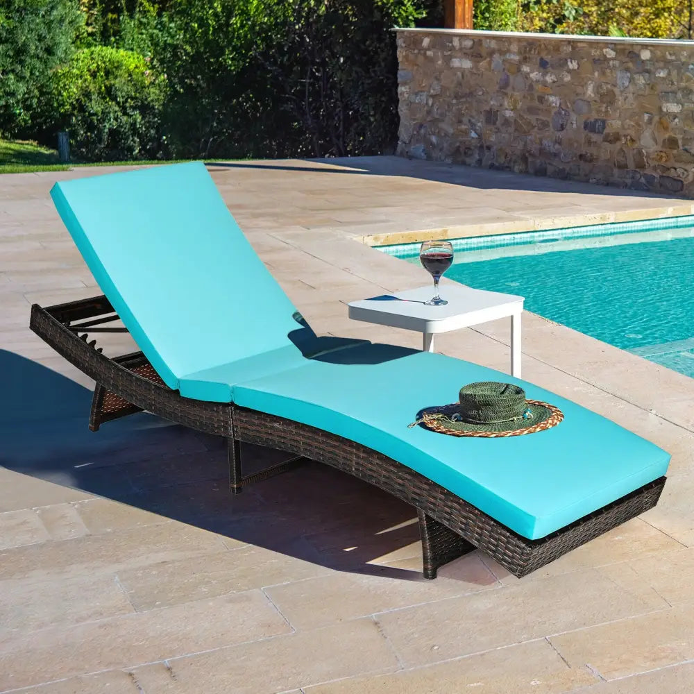 Patio Folding Adjustable Rattan Chaise Lounge Chair with Cushion-Turquoise - Turquoise - Outdoor Chaise Lounges