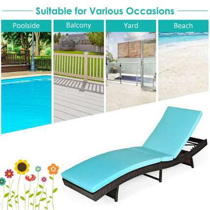 Patio Folding Adjustable Rattan Chaise Lounge Chair with Cushion-Turquoise - Turquoise - Outdoor Chaise Lounges