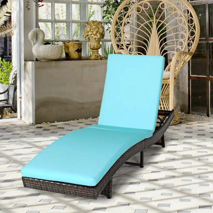 Patio Folding Adjustable Rattan Chaise Lounge Chair with Cushion-Turquoise - Turquoise - Outdoor Chaise Lounges