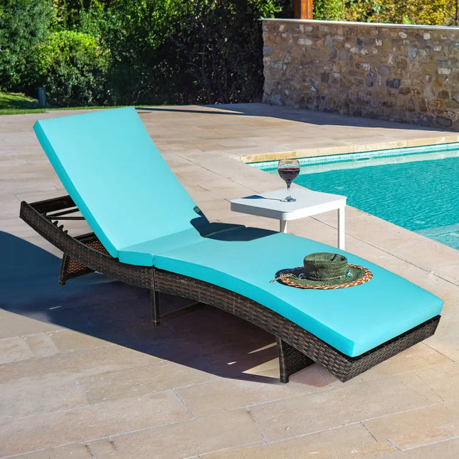 Patio Folding Adjustable Rattan Chaise Lounge Chair with Cushion-Turquoise - Turquoise - Outdoor Chaise Lounges