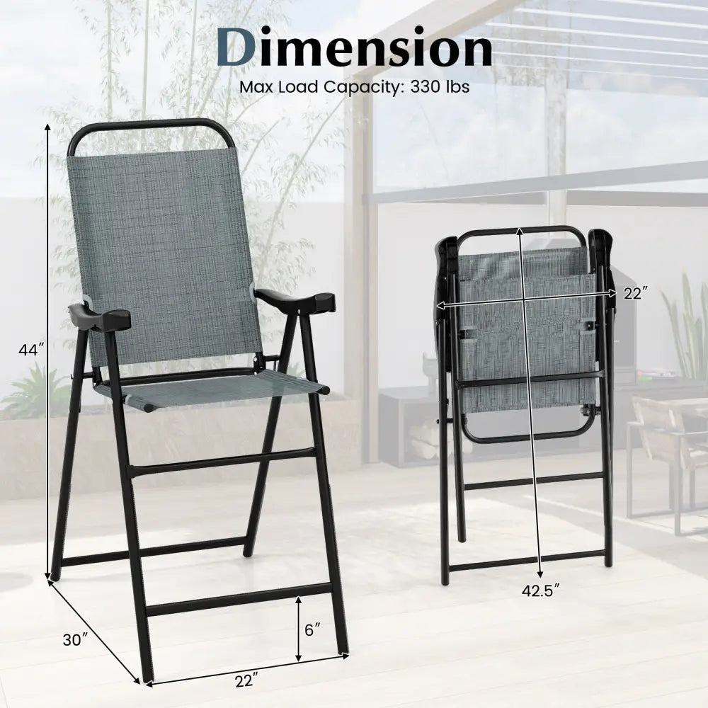 Patio Folding Bar Stool Set of 2 with Metal Frame and Footrest-Blue - Blue - Patio Bar Furniture