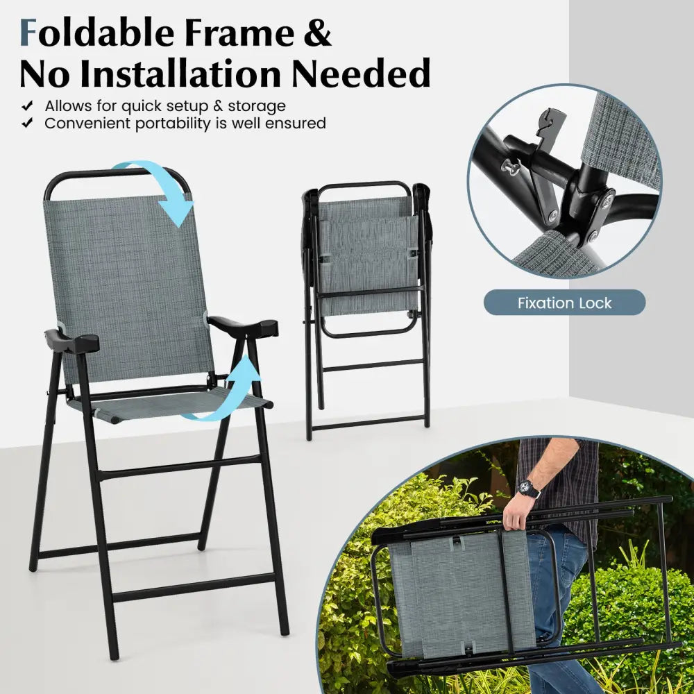Patio Folding Bar Stool Set of 2 with Metal Frame and Footrest-Blue - Blue - Patio Bar Furniture