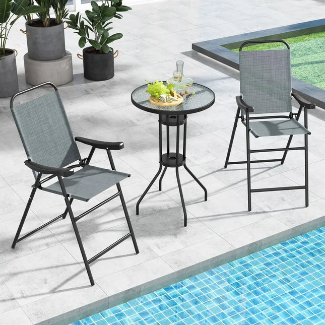 Patio Folding Bar Stool Set of 2 with Metal Frame and Footrest-Blue - Blue - Patio Bar Furniture