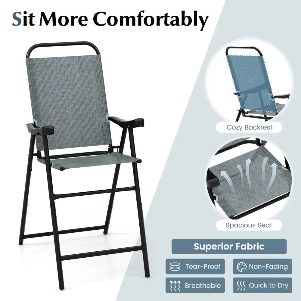 Patio Folding Bar Stool Set of 2 with Metal Frame and Footrest-Blue - Blue - Patio Bar Furniture