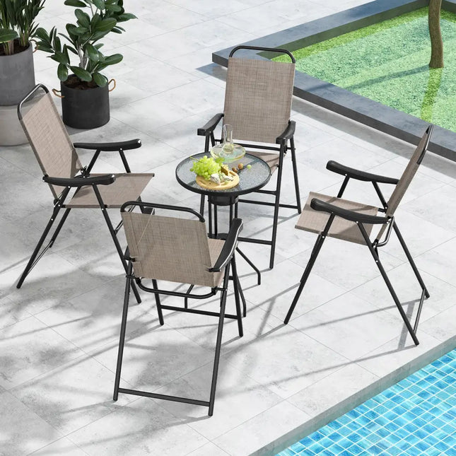 Patio Folding Bar Stool Set of 4 with Metal Frame and Footrest-Coffee - Coffee - Patio Bar Furniture