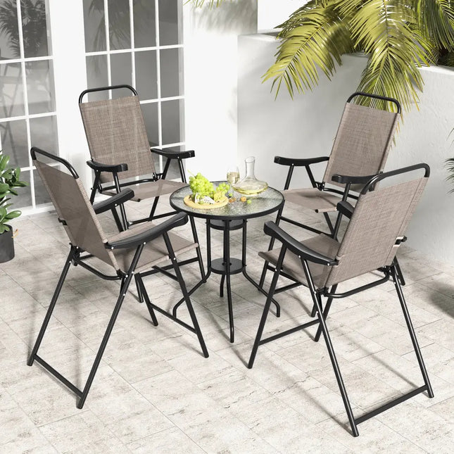 Patio Folding Bar Stool Set of 4 with Metal Frame and Footrest-Coffee - Coffee - Patio Bar Furniture