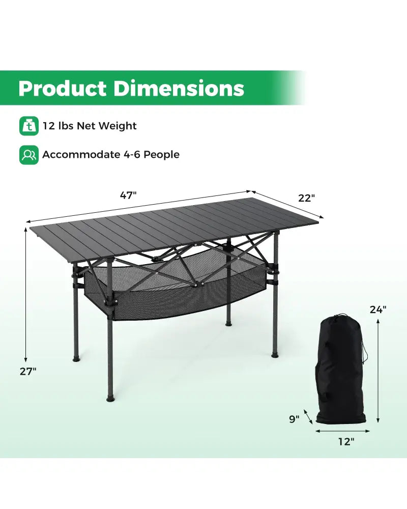 Patio Folding Camping Table with Roll-up Tabletop and Mesh Basket-Black - Black - Camping Furniture