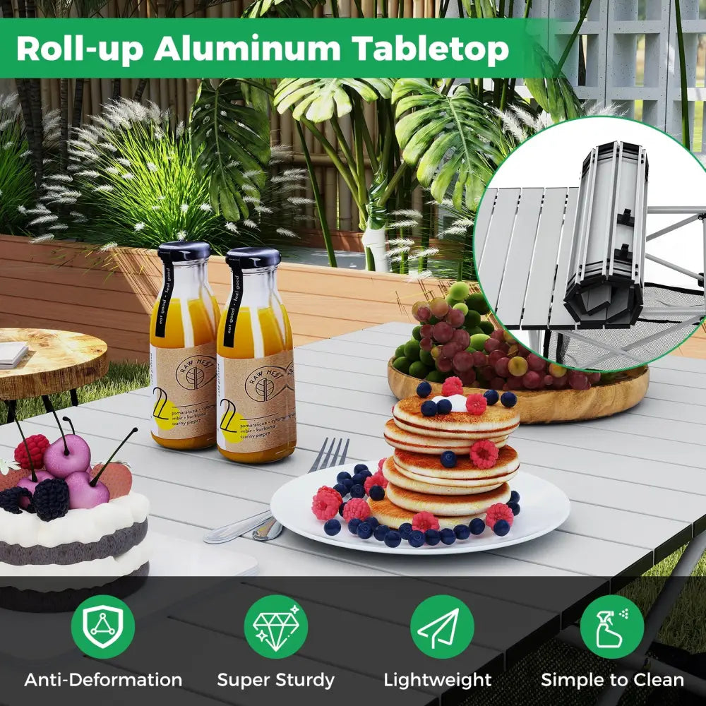 Patio Folding Camping Table with Roll-up Tabletop and Mesh Basket-Silver - Silver - Camping Furniture