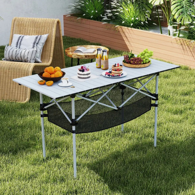 Patio Folding Camping Table with Roll-up Tabletop and Mesh Basket-Silver - Silver - Camping Furniture