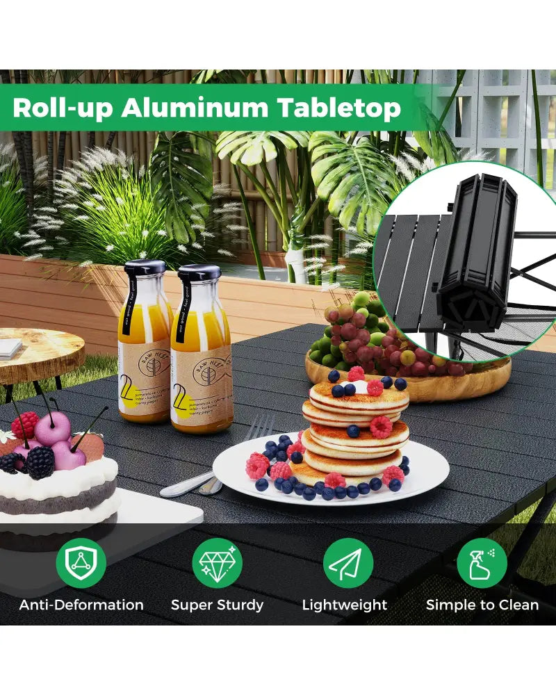 Patio Folding Camping Table with Roll-up Tabletop and Mesh Basket-Black - Black - Camping Furniture