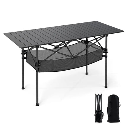 Patio Folding Camping Table with Roll-up Tabletop and Mesh Basket-Black - Black - Camping Furniture