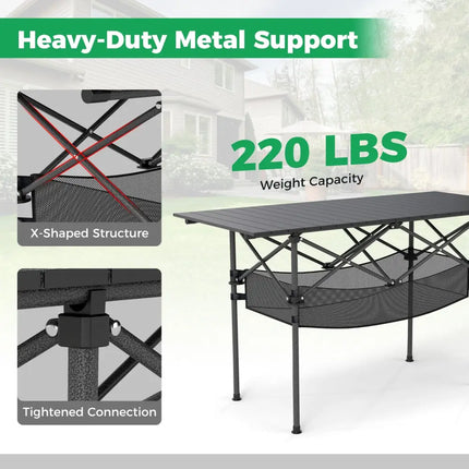 Patio Folding Camping Table with Roll-up Tabletop and Mesh Basket-Black - Black - Camping Furniture