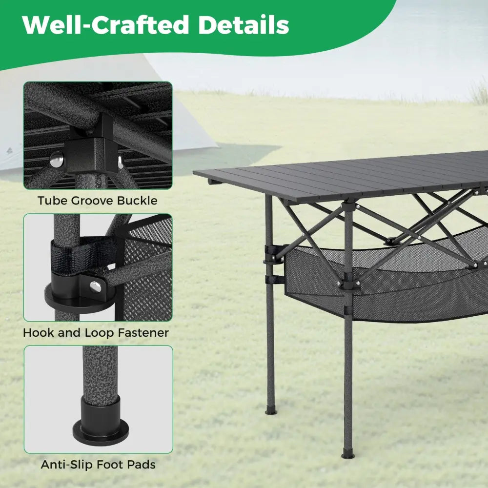 Patio Folding Camping Table with Roll-up Tabletop and Mesh Basket-Black - Black - Camping Furniture