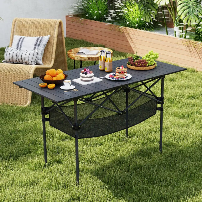 Patio Folding Camping Table with Roll-up Tabletop and Mesh Basket-Black - Black - Camping Furniture