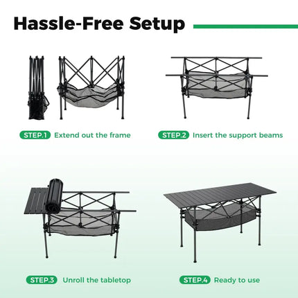 Patio Folding Camping Table with Roll-up Tabletop and Mesh Basket-Black - Black - Camping Furniture
