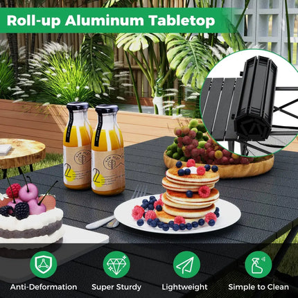 Patio Folding Camping Table with Roll-up Tabletop and Mesh Basket-Black - Black - Camping Furniture