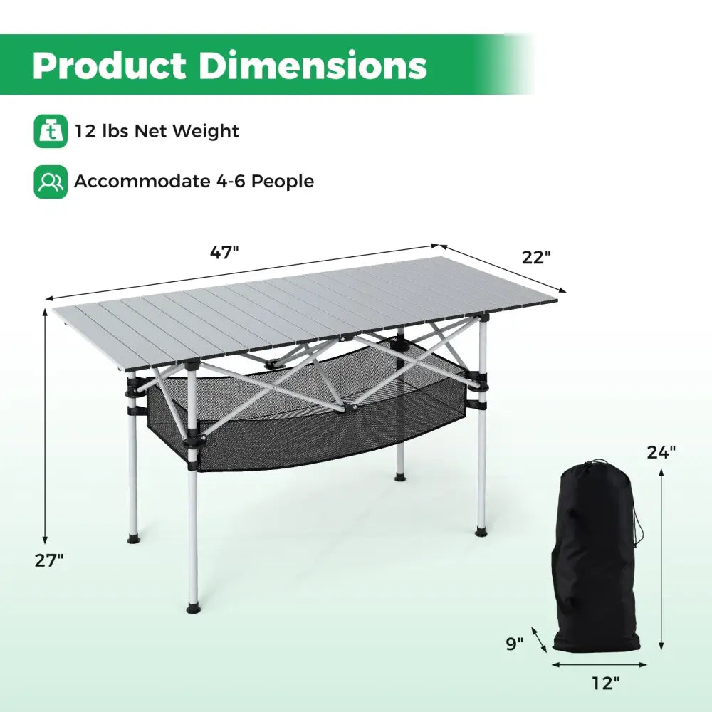 Patio Folding Camping Table with Roll-up Tabletop and Mesh Basket-Silver - Silver - Camping Furniture