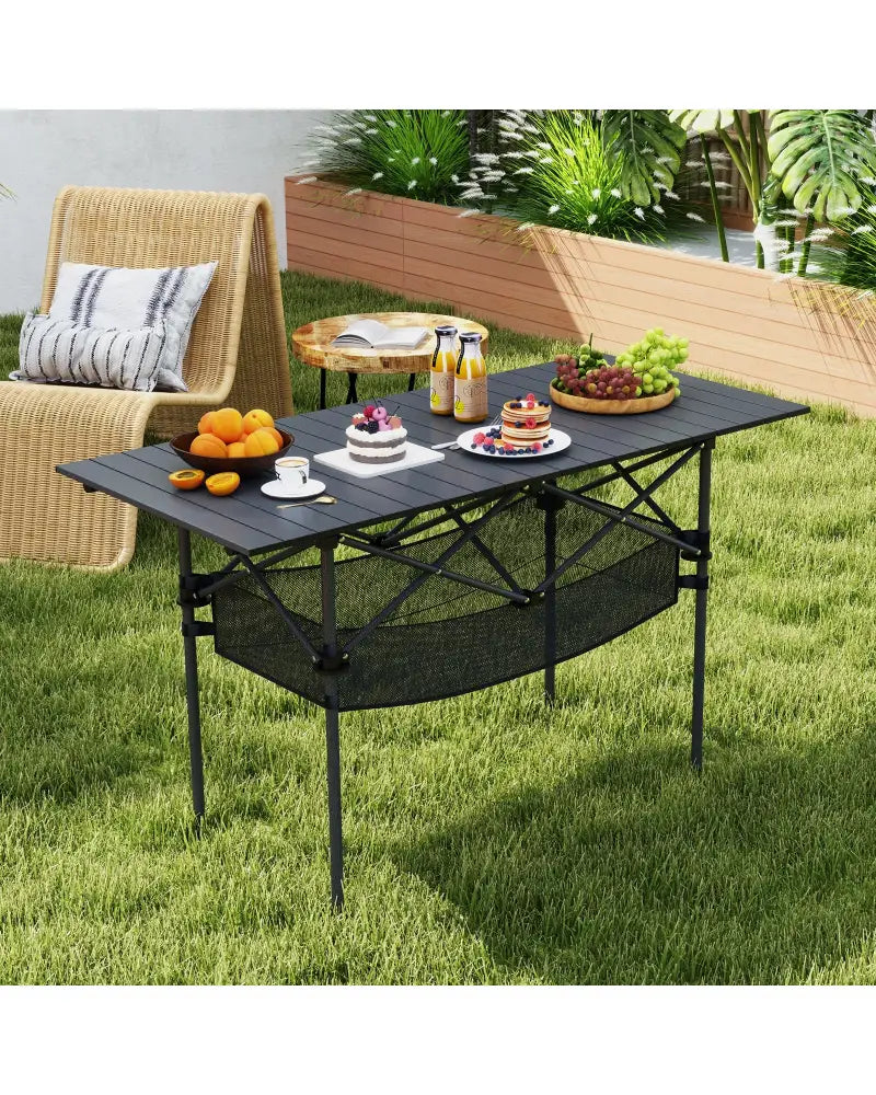 Patio Folding Camping Table with Roll-up Tabletop and Mesh Basket-Black - Black - Camping Furniture