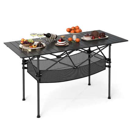 Patio Folding Camping Table with Roll-up Tabletop and Mesh Basket-Black - Black - Camping Furniture
