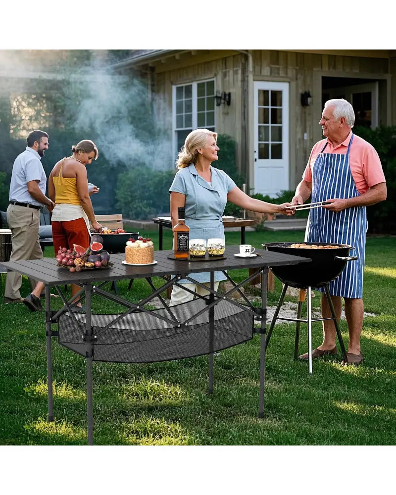 Patio Folding Camping Table with Roll-up Tabletop and Mesh Basket-Black - Black - Camping Furniture