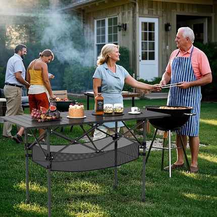 Patio Folding Camping Table with Roll-up Tabletop and Mesh Basket-Black - Black - Camping Furniture