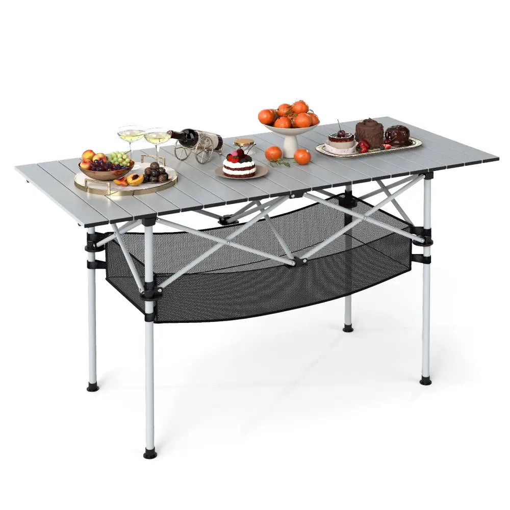 Patio Folding Camping Table with Roll-up Tabletop and Mesh Basket-Silver - Silver - Camping Furniture