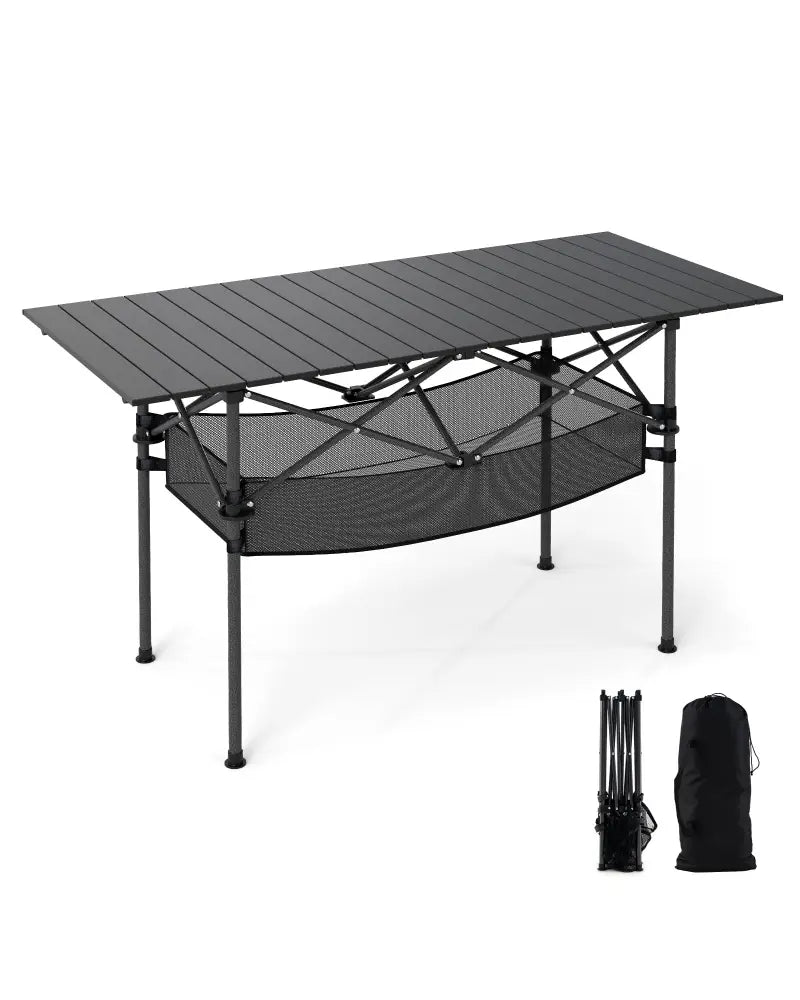 Patio Folding Camping Table with Roll-up Tabletop and Mesh Basket-Black - Black - Camping Furniture
