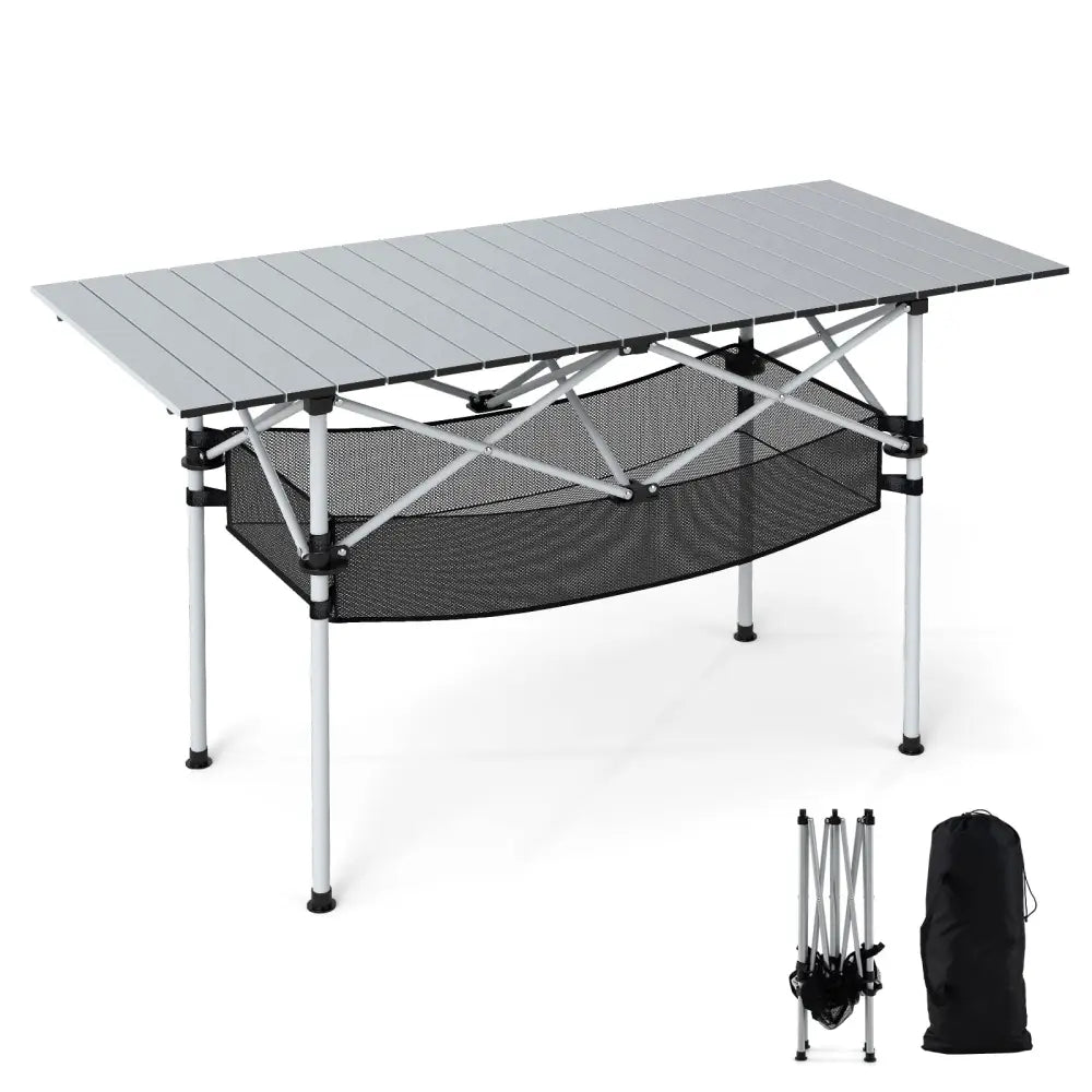 Patio Folding Camping Table with Roll-up Tabletop and Mesh Basket-Silver - Silver - Camping Furniture