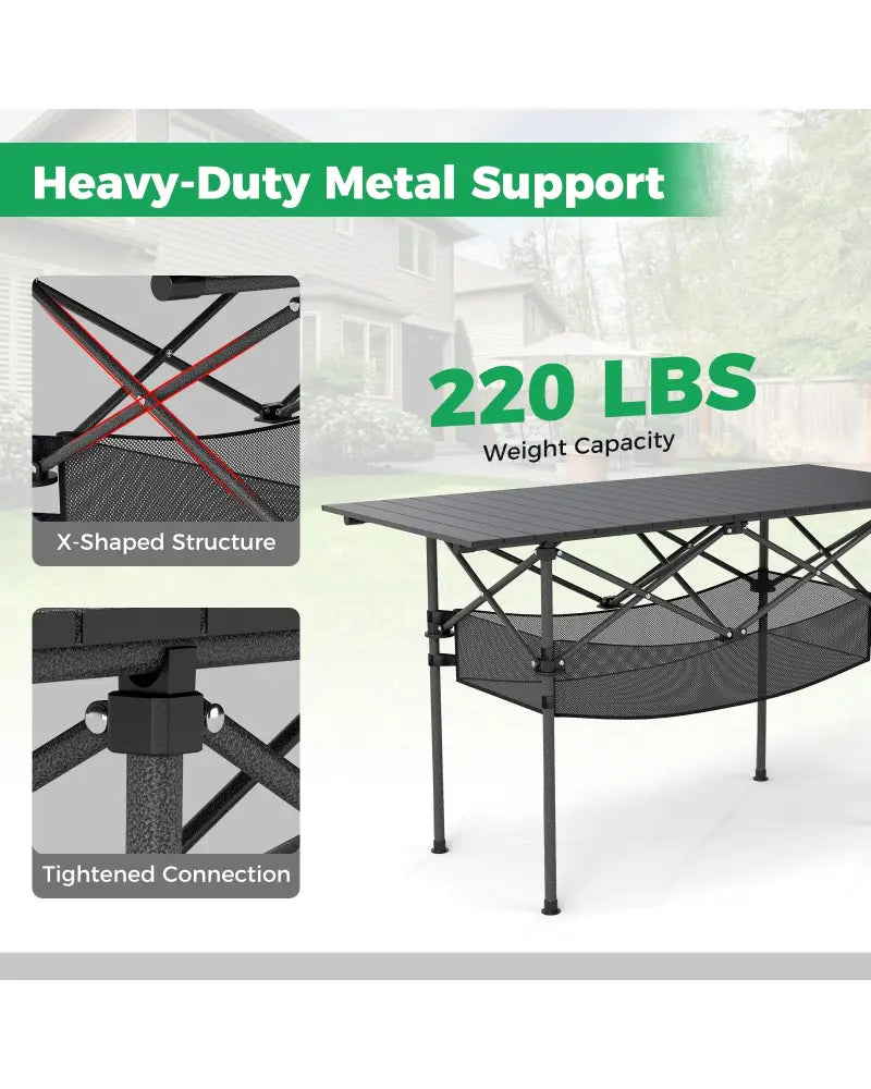 Patio Folding Camping Table with Roll-up Tabletop and Mesh Basket-Black - Black - Camping Furniture