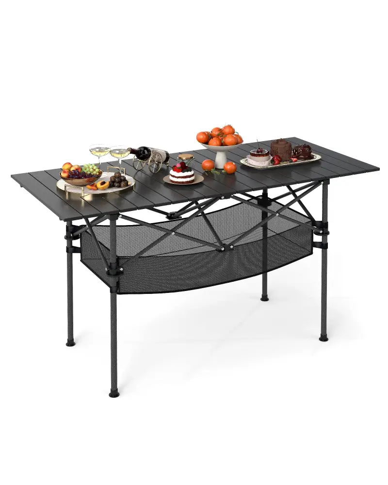 Patio Folding Camping Table with Roll-up Tabletop and Mesh Basket-Black - Black - Camping Furniture