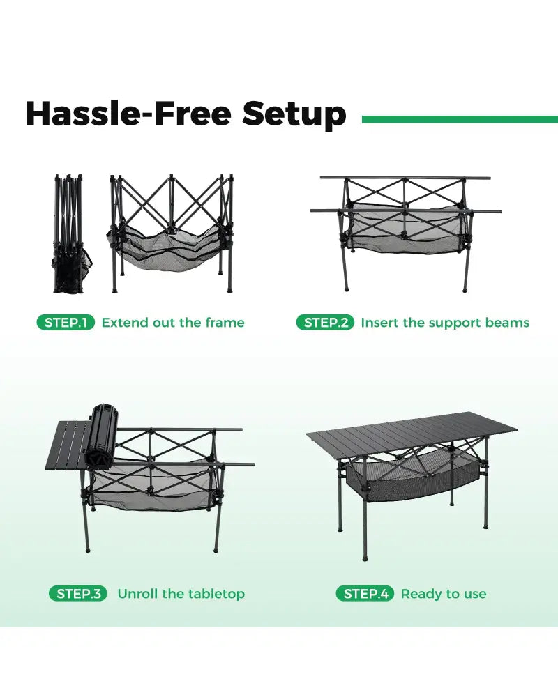 Patio Folding Camping Table with Roll-up Tabletop and Mesh Basket-Black - Black - Camping Furniture